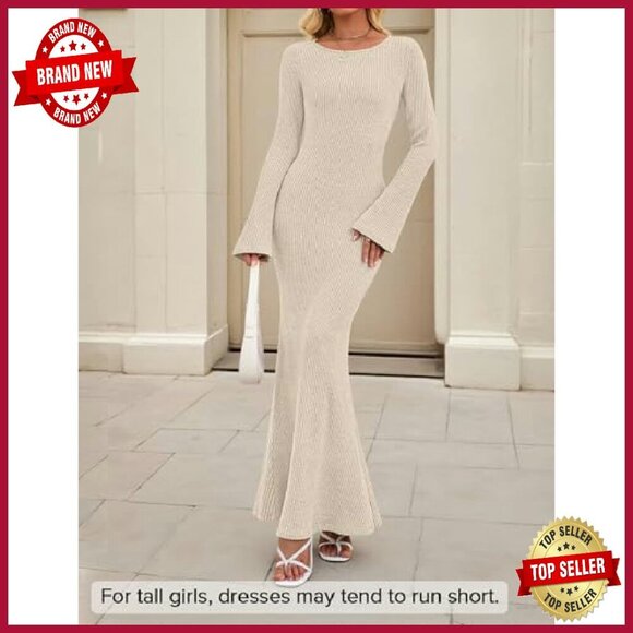 Long Sleeve Ribbed Knit Maxi Dress Boat Neck Bodycon Wedding Guest - Picture 3 of 8